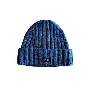 UGG WOOL BLEND SOLID CHUNKY FOLD-OVER CUFF RIB KNIT BEANIE IN BLACK ONE SIZE NEW